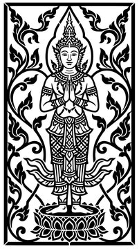 Traditional Thai Art of a Greeting Deity: An intricate black and white illustration depicts a traditional Thai deity in a graceful prayer pose, surrounded by ornate floral patterns.
