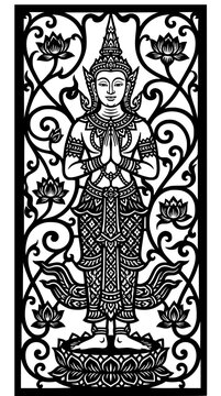 Thai Buddha Art: A black and white ornamental artwork depicting a serene Buddha figure in a traditional Thai style, surrounded by intricate floral patterns and lotus blossoms.
