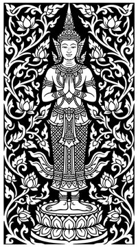 Thai Angel Illustration: A monochrome illustration of a Thai angel figure, adorned in traditional attire and intricate patterns, stands with palms pressed together in a welcoming gesture.