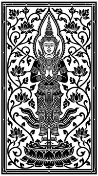 Traditional Thai Angel Illustration: An intricate black and white illustration depicts a traditional Thai angel or deity in a welcoming pose.