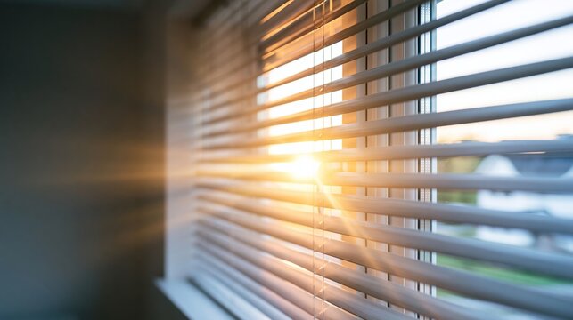Morning sun rays shining through window blinds, creating light and shadow pattern on a wall