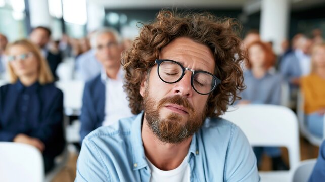 Tired man with curly hair sleeping during a boring classroom seminar, neglecting the presentation
