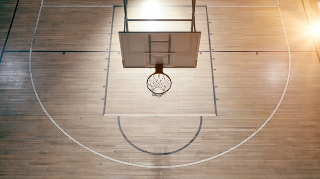 Basketball court overhead view with hoop and polished wooden floor, geometric lines defining sports area