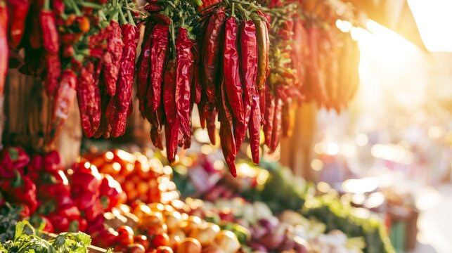 Hanging dried red chili peppers at a vibrant rustic food market stall with fresh vegetables, warm sunlight illuminating the scene