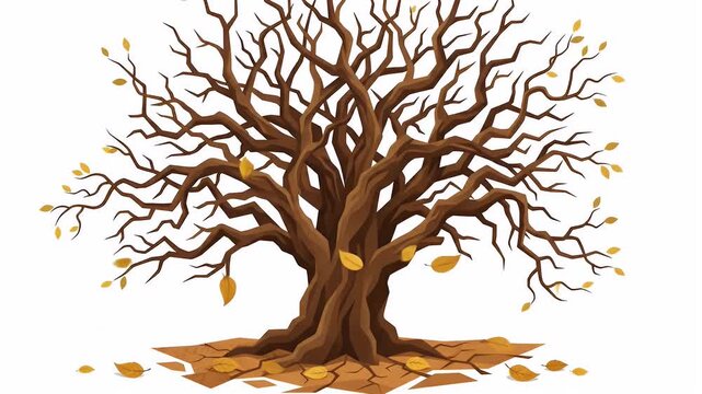 Autumn tree with bare branches and falling leaves illustration.