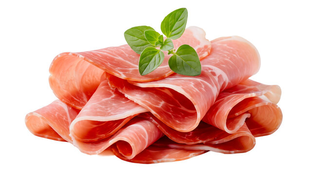 Thin Slices of Prosciutto Jamon Serrano Cured Ham Stacked with Fresh Oregano Leaves Isolated on white Background