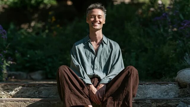 Man meditating outdoors on stone steps with closed eyes in a tranquil garden for wellness background and mindfulness poster