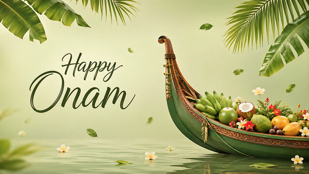 A traditional green wooden boat filled with fresh tropical fruits floating on calm water celebrating happy onam south indian festival in kerala