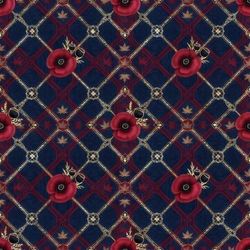 Elegant red poppy and gold geometric seamless pattern on dark blue
