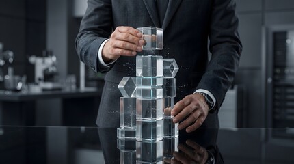 Naklejka premium Businessman building with transparent geometric blocks