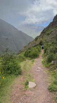 Hiking on a mountain trail in Pisac, Peru