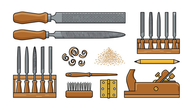 Woodworking Hand Tools Vector Icon Set with Metal Files, Rasps, Hand Plane, Pencil, and Wood Shavings for Carpentry Workshop and Craftsmanship Designs