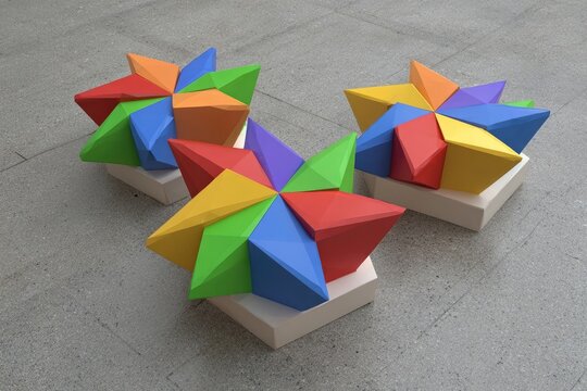Three colorful, geometric, star-like objects on a light gray surface