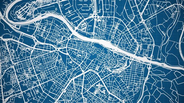 Ink reveal animation of Zaragoza (Saragossa) city, Spain (Espa&ntilde;a), grid map. Aerial top view. Blueprint style. White lines with blue background. 4K Seamless loop.