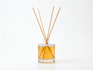 Obraz premium Glass reed diffuser with wooden sticks and aromatic oil isolated on white background