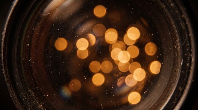 Cinematic golden circular bokeh light reflections captured through a dusty camera lens with soft glowing orange particles in dark environment