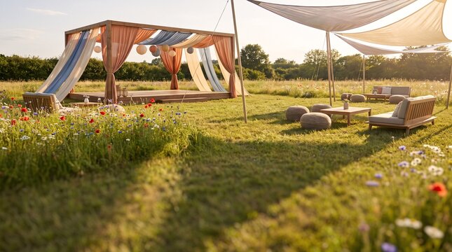 Elegant luxury event setup in summer meadow during golden hour with lounge furniture and gazebo