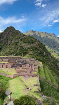 Scenic view of Pisac Inca ruins and agricultural terraces in Peru