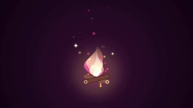 Stylized campfire burning with magical glowing particles and floating stars on dark purple background creating cozy atmosphere in flat animation style for design.