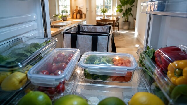 Fresh vegetables and salads stored in transparent containers inside fridge