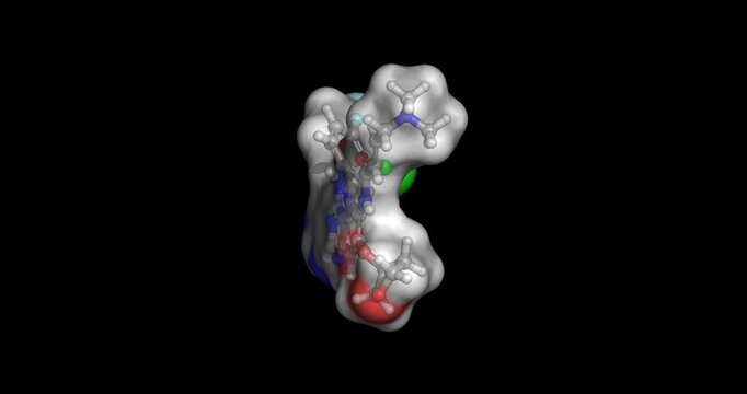 Afatinib, inhibitor of EGFR and HER2 in cancer treatment, 3D molecule spinning, 4K