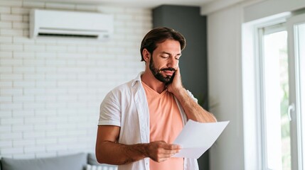 Fototapeta premium Young man feeling confused while reading instruction manual for new air conditioner at home