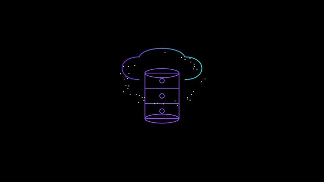 Neon digital server icon with floating data particles in cloud computing structure animated graphic for modern technology presentation on simple black background.