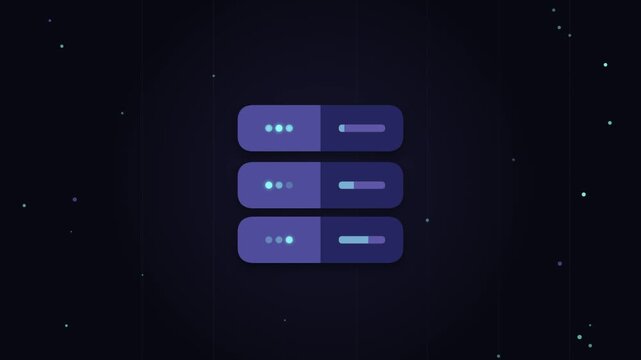 Database server rack icon showing active data processing with glowing dots and loading bars on dark purple background representing cloud storage hosting services.