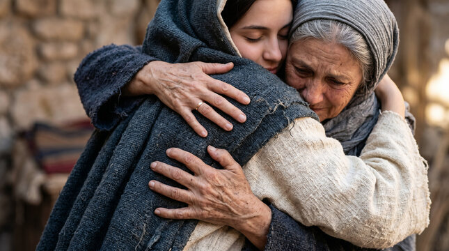 The Visitation, Mary and Elizabeth embracing joyfully as John the Baptist miraculously leaps inside Elizabeths womb