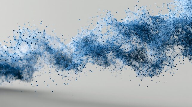 Blue digital plexus particles flow in an abstract wave formation featuring interconnected nodes and lines within a clean minimalist composition