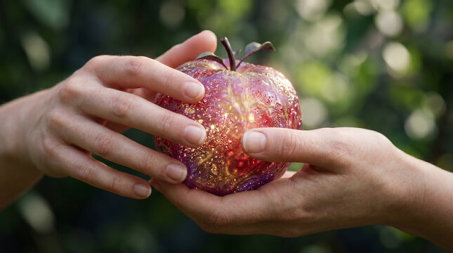 The Fall of Man, Eve holding the forbidden fruit, hesitating before taking the first bite