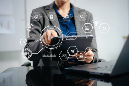 Coding software developer work with augmented reality dashboard computer icons with responsive cybersecurity.