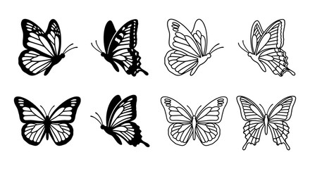 Fototapeta premium Eight butterfly illustrations in black and white line art style