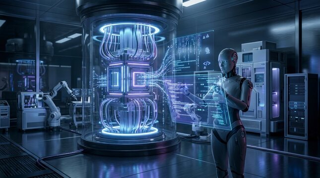 Humanoid robot operates glowing quantum computer core in futuristic high tech laboratory environment.