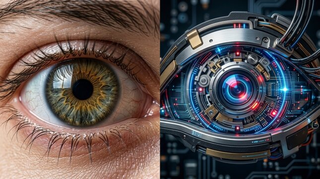 Split view human hazel eye and mechanical lens sensor for high tech medical diagnostic visual testing.