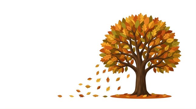 Autumn tree with falling colorful leaves on a white isolated background