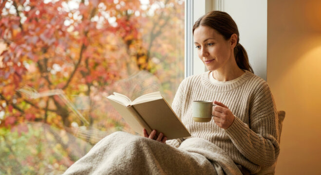 Young woman drinking coffee while reading book by window in autumn