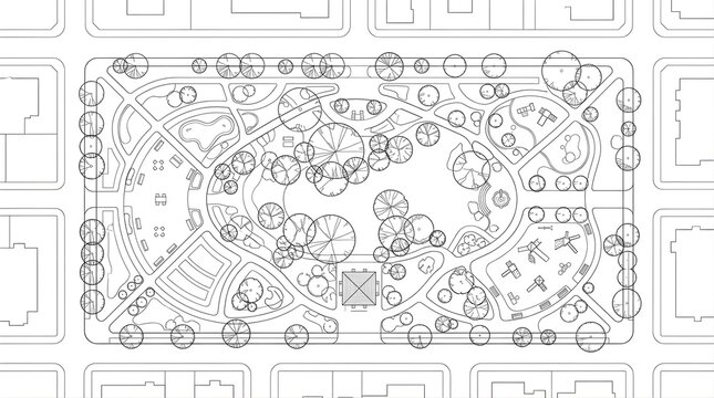 Architectural top view plan of a city public park with trees and paths