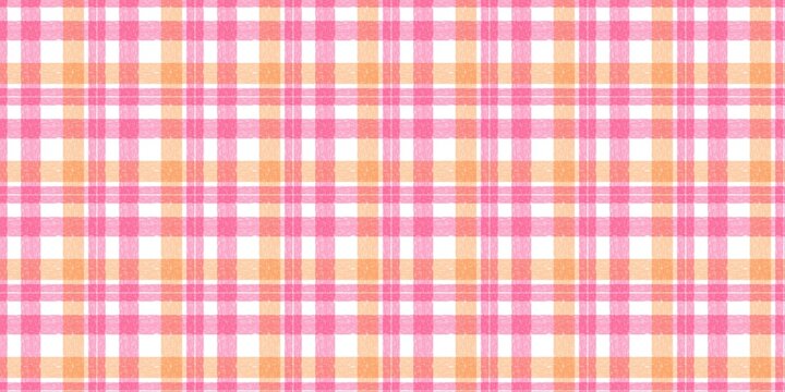 Seamless hand-drawn tartan pattern in shades of pink, orange, and white. Vector plaid background texture, perfect for textile design, digital paper, or wall art.