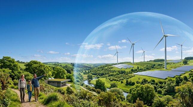 Family exploring a vibrant, sustainable landscape, powered by renewable wind and solar energy, living within a protective environmental bubble for a cleaner, greener future
