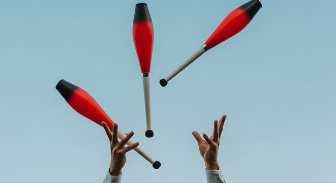 Juggler tossing red clubs against sky