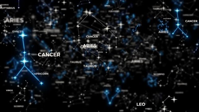 3D flight through a star field featuring silver colored zodiac constellations that briefly glow blue as they form. Abstract space background animation for astronomy, astrology, and science themes