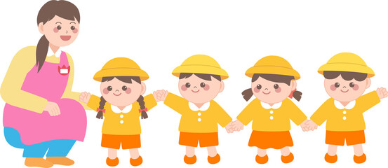 Cute Kindergarten Children Holding Hands in Yellow School Uniform