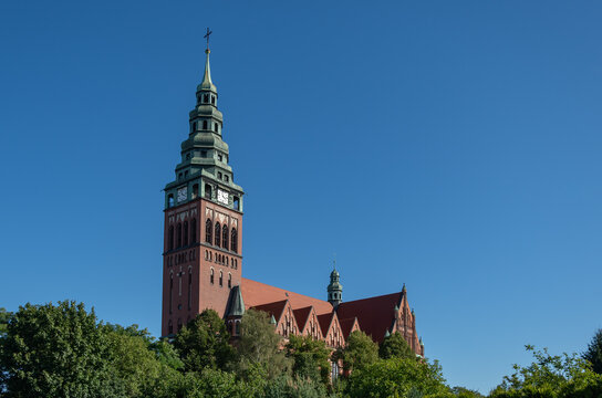 View of the neo-Gothic church in Gliwice. Neo-Gothic Christian temple in Poland. Gothic church in Upper Silesia. Silesian religious architecture.