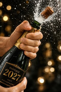 Hands popping open vintage 2027 champagne bottle with exploding cork and spray against golden bokeh lights.