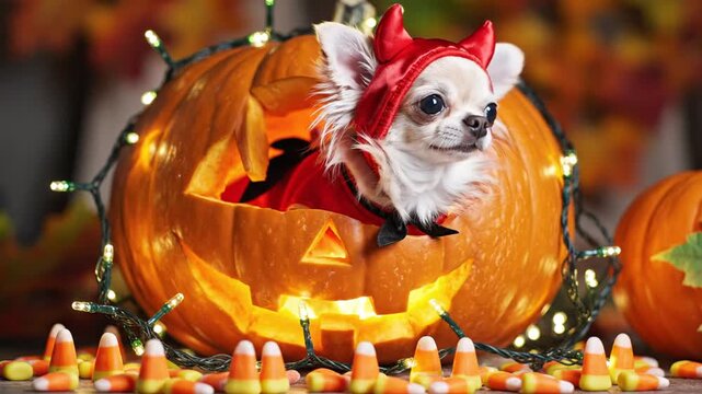 Cute Chihuahua in Devil Costume Inside Jack o Lantern for Halloween