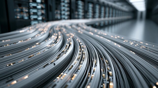 Fiber optic cables flowing with glowing golden light representing high speed digital data transfer across modern secure server infrastructure networks