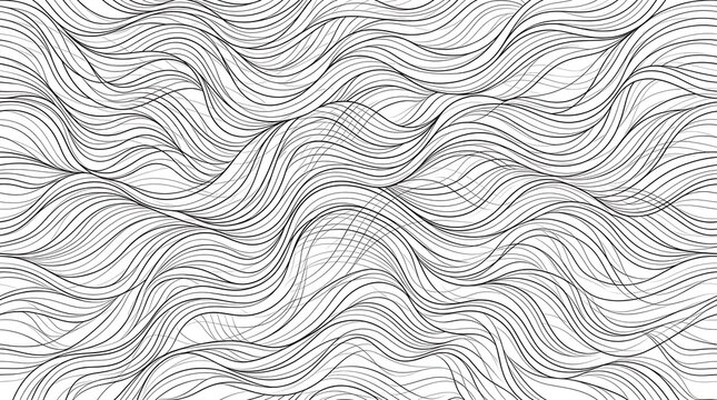 Minimalist wavy line pattern, abstract black and white flowing curves, seamless hand drawn organic texture background
