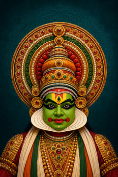 Front portrait of kathakali dancer wearing elaborate green makeup and heavy golden costume for happy onam the south indian festival in kerala