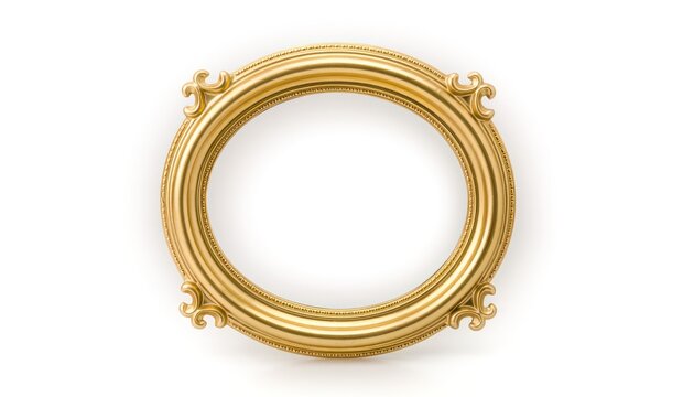 Ornate golden oval picture frame on white background.